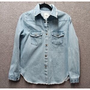 AB Women M Light Wash Denim Shirt Snap Button Raw Hem Festival Western